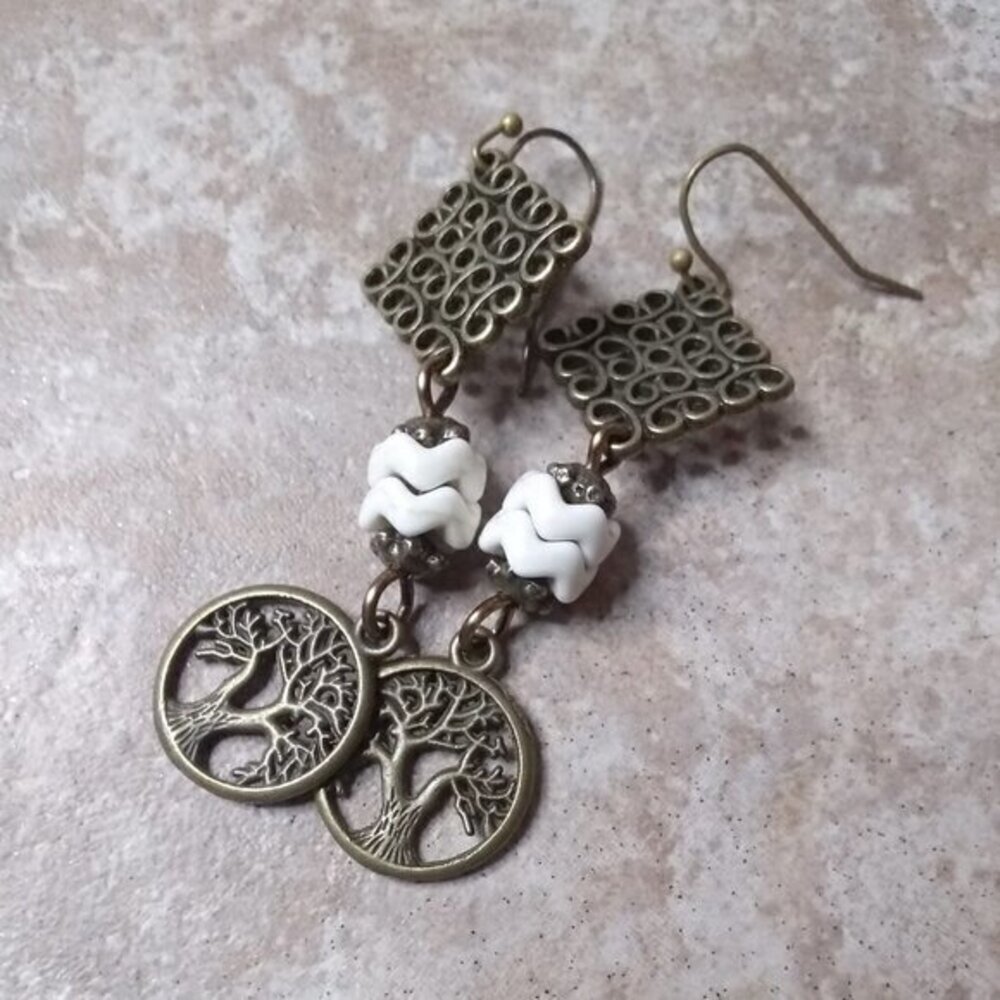 $10 Radical Drop! Bronze "Tree of Life" Howlite Dangle Earrings